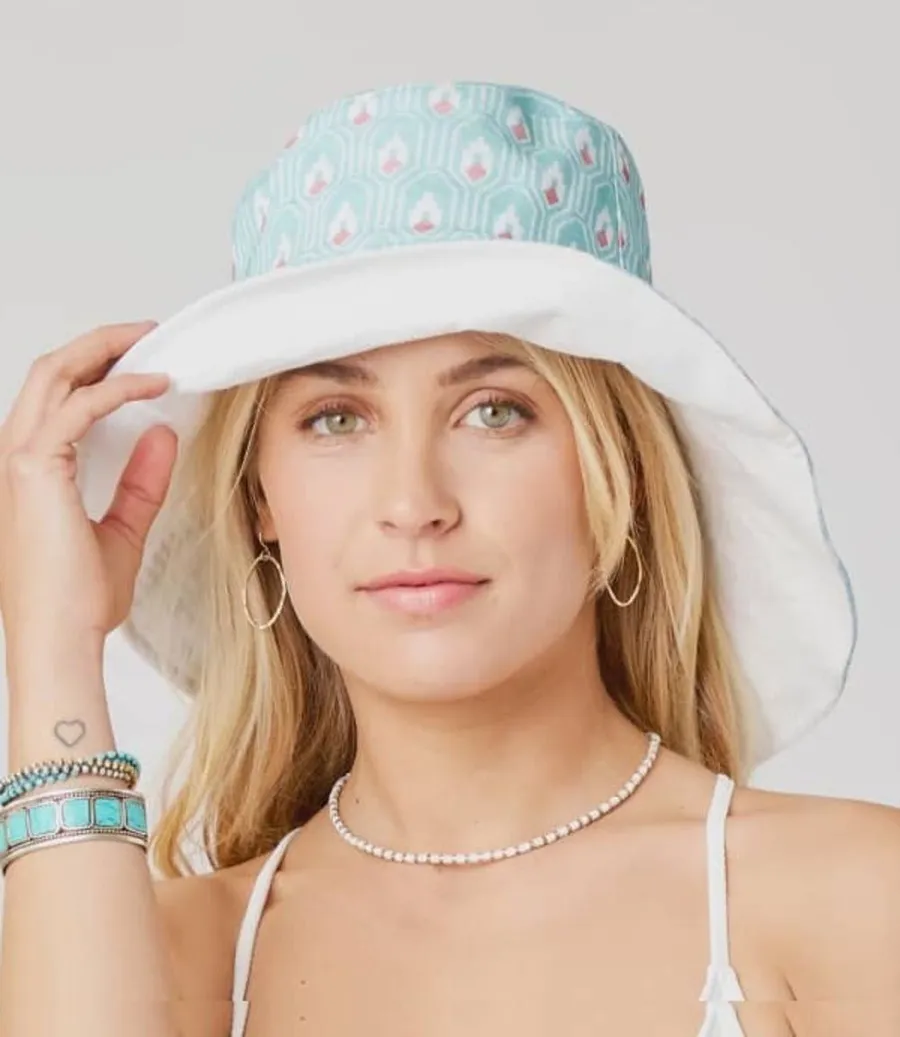 Carve Designs NWT Reversible Bucket Hat in Cinema Cloud Aqua Pattern and White