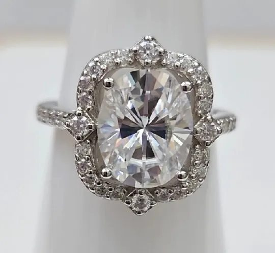 3ct Oval Scalloped Halo Iced Out Moissanite Ring. Size 6