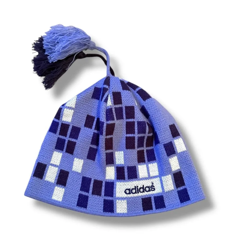 Adidas Plaid Pom Pom Beanie Hat Blue Purple One Size Unisex Winter Knit