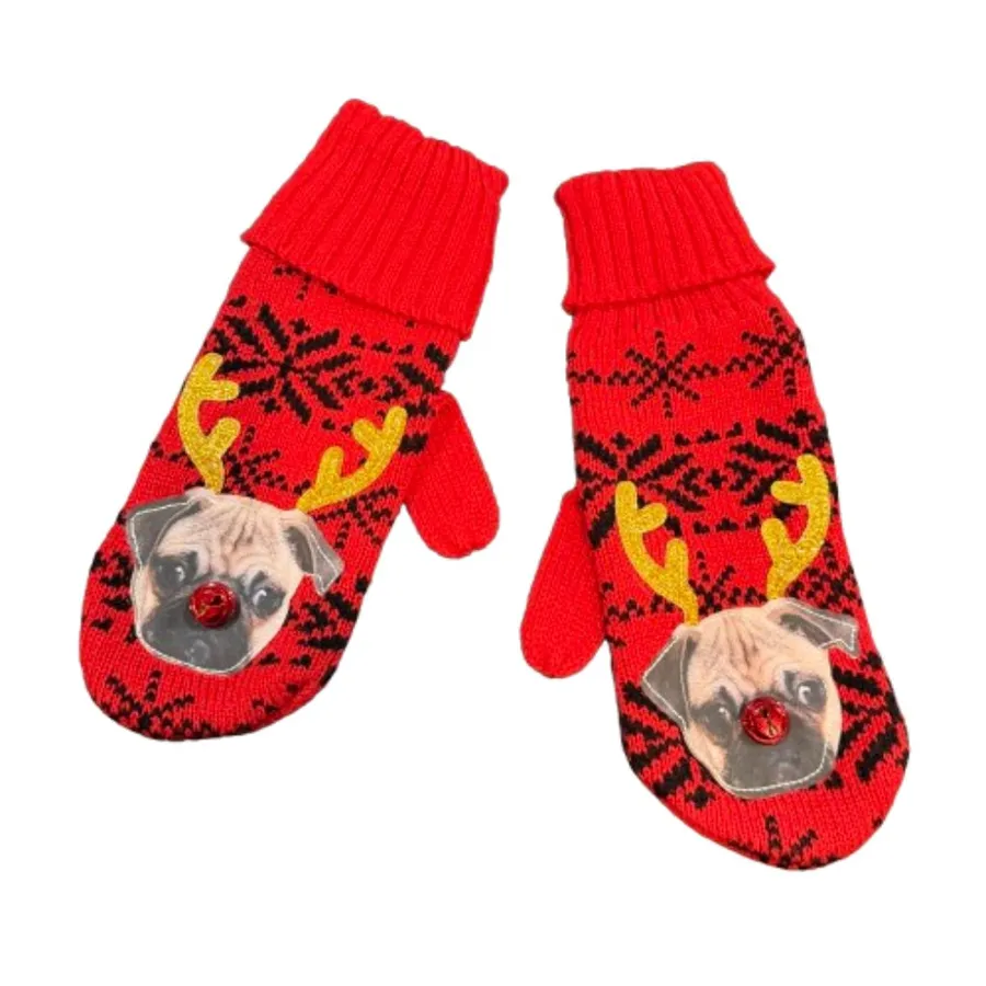 Pug Christmas Mittens Gloves One Size Fits Most Sweater Knit Red