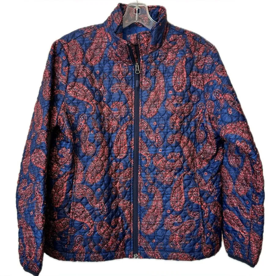 Lands’ End Paisley Quilted Jacket M/P 10-12 Blue Red Lightweight Puffer