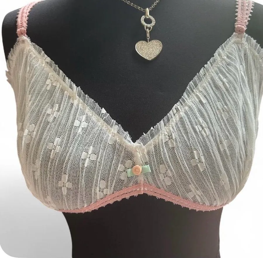 Free People Ivory Lace Bralette with Pink Trim and Mint Rose Accent