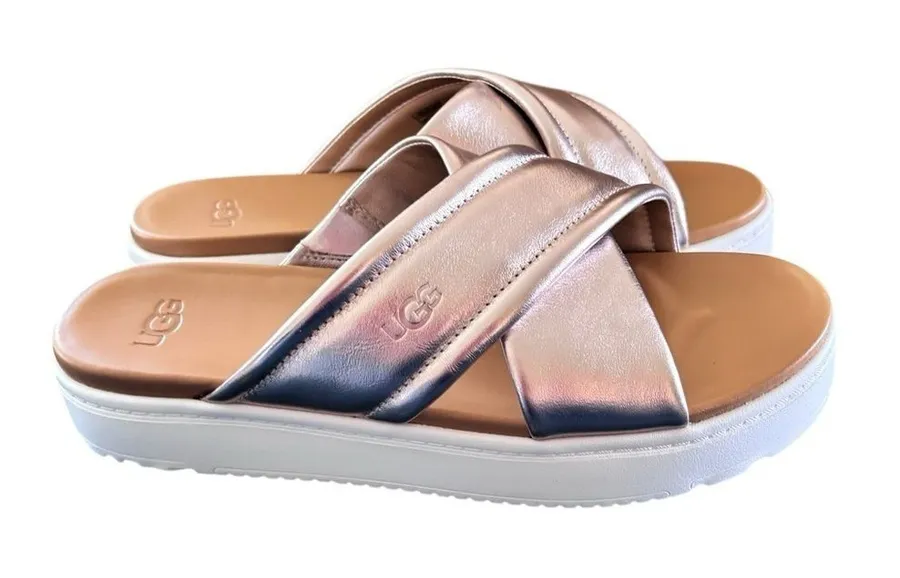 UGG Women's Zayne Crossband Slide Platform Sandal Sz 9.5 Rose Gold Cushion NIB