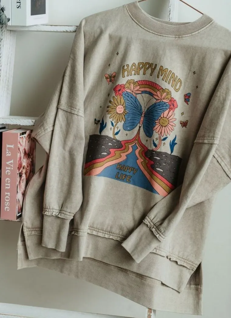 Simply Southern Happy Mind Distressed Pullover Long Sleeve Sweater