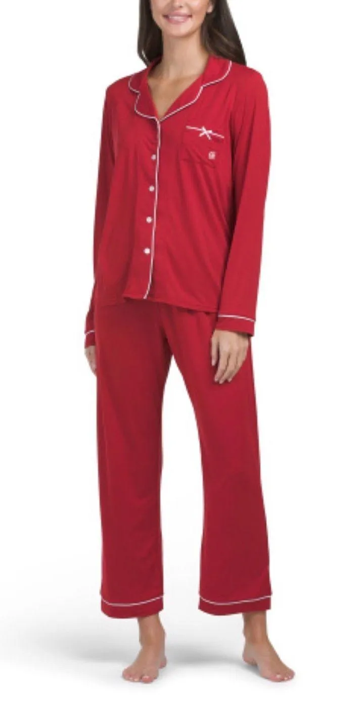 BORN Long Sleeve Notch Collar Pj Set With Contrast Trim size XL red