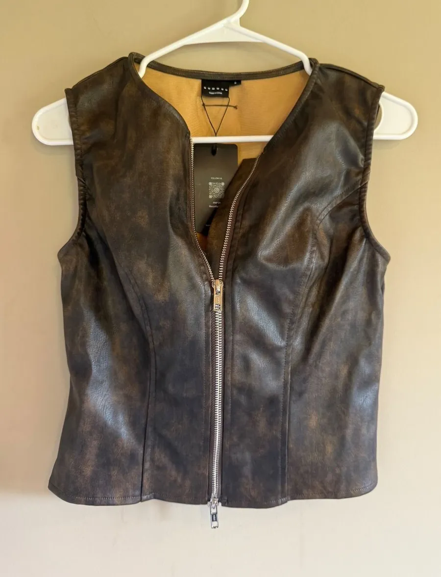 Sumwon Brown Distressed Faux Leather Vest Two