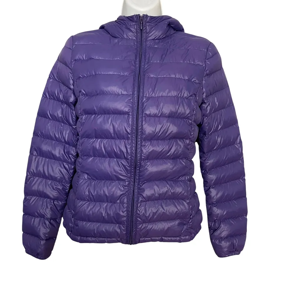 Benetton Puffer Jacket Soft Light Down Purple Hooded Quilted Women US 4 IT 40