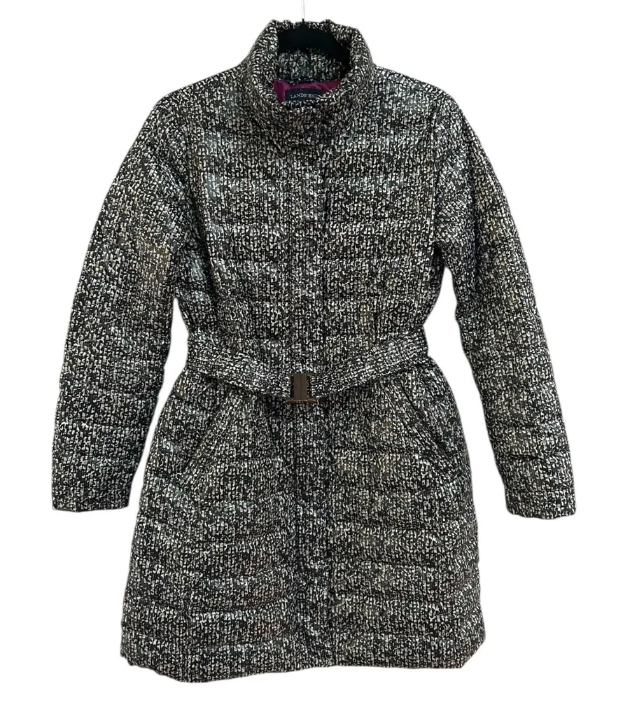 Lands End Quilted Down Feather Puffer Coat Belted Print Full Zip Women's XS