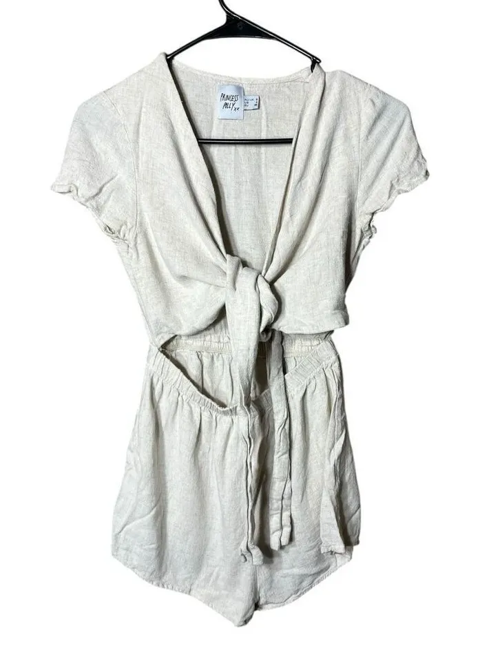 Princess Polly Ragnar Beige Linen Blend Tie Front Romper Size 4