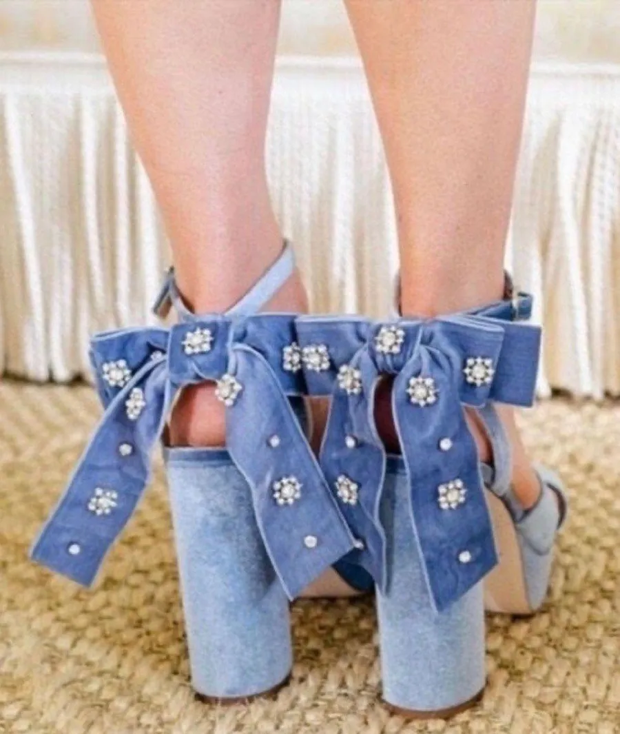 x Nicola Bathie Lila Bow Detail Platform Dress Sandals in baby blue