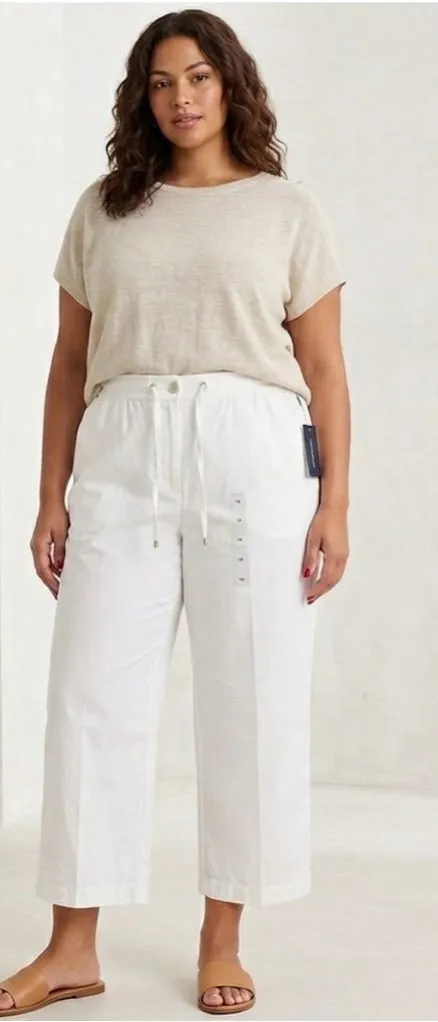 NWT Tommy Hilfiger Mykonos White Cotton Drawstring Pants Women Size 14 Wide Leg