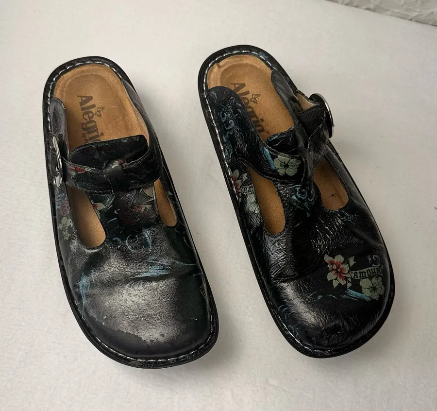 Alegria Clogs Size 8.5 / 39 Women's Floral Mules Leather Shoes Comfort Slip On