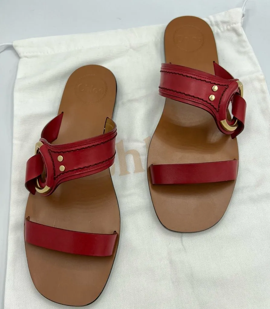 CHLOE Demi Leather Slide Flat Sandals Size EU 39.5 US 9.5 Red Tan Gold hardware