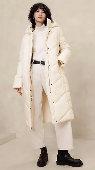 Banana Republic Factory Water Resistant Puffer Jacket Long Cream Parka Size XL