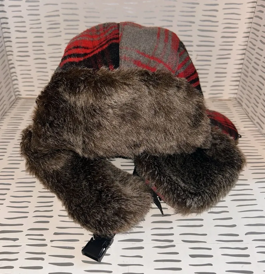 Kirra Red Plaid Trapper Hat Faux Fur Trim Quilted Lining One Size Gorpcore