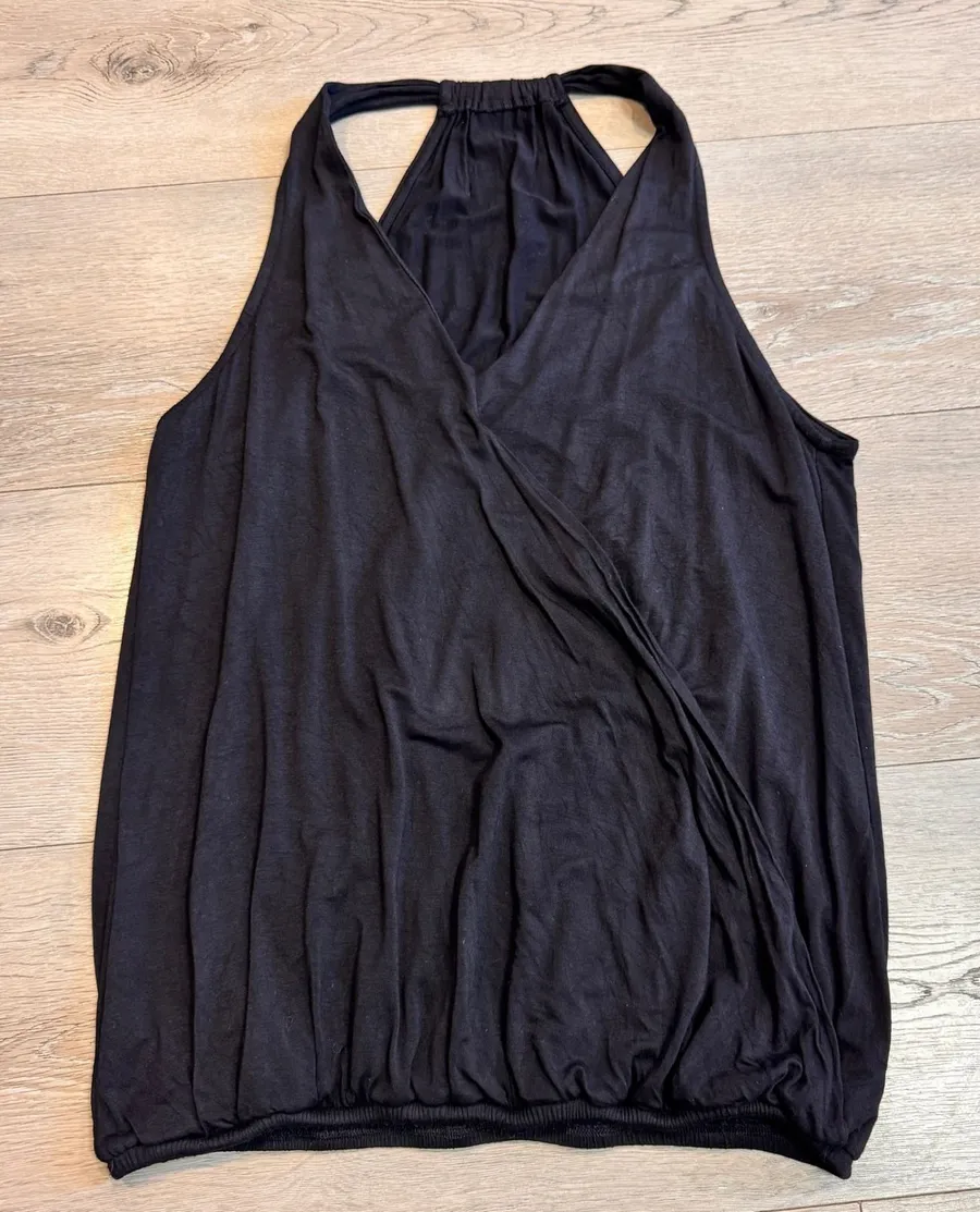 Fashion Black Sleeveless Wrap Neck Ruched Hem Tank Top Womens Medium M