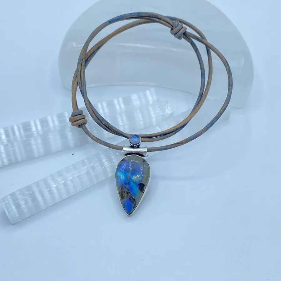 Blue Flash Labradorite Rainbow Moonstone Sterling Silver Pendant Necklace