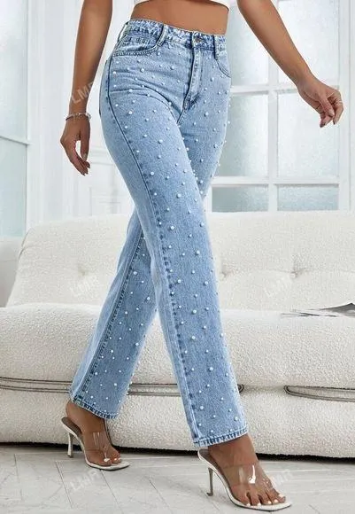 Women's Light Blue Pearl Beaded Slightly Flare Jeans