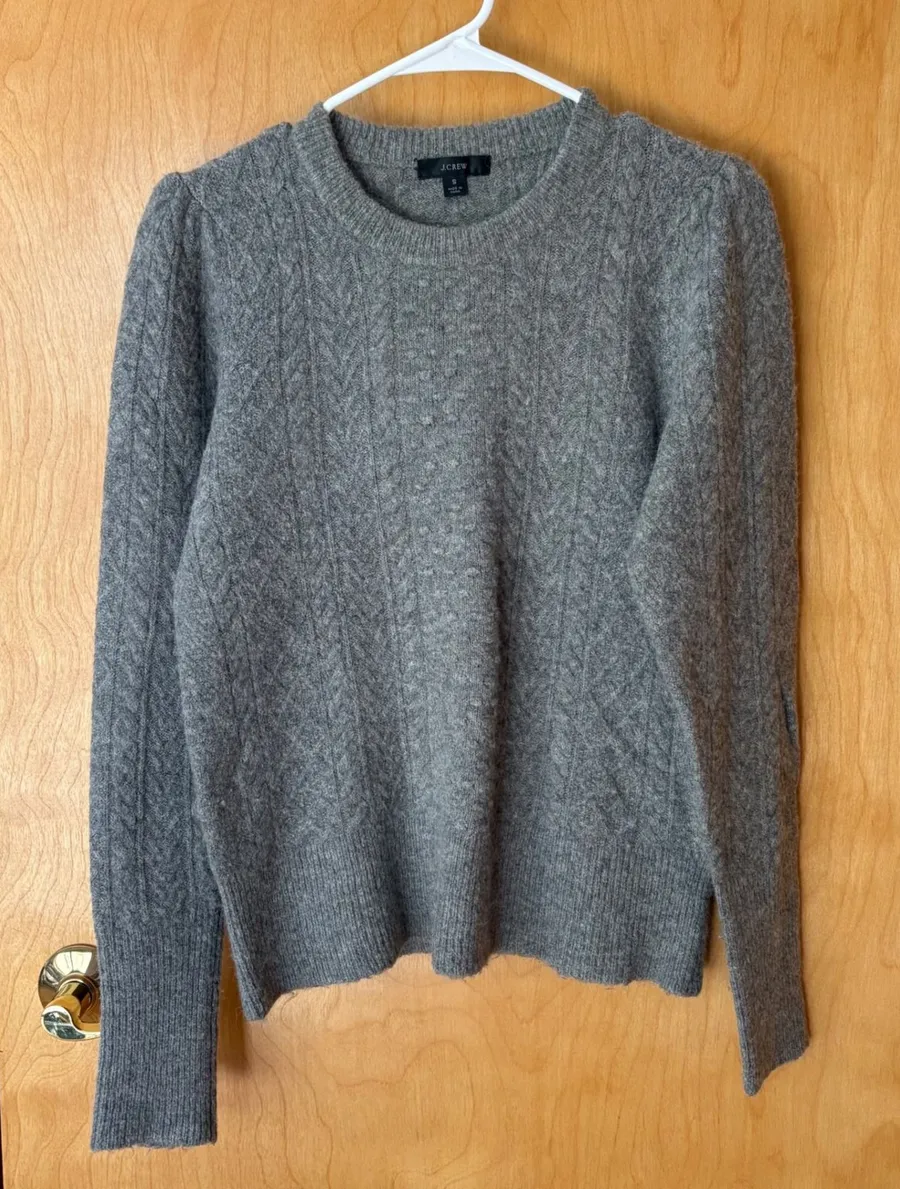 J.Crew Cable Knit Sweater Women Small Grey Merino Alpaca Blend Puff Sleeve BB408 Gray