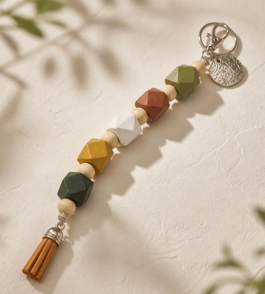 Hexagon Wood Beaded Keychain with Tassel and Clasp Multiple