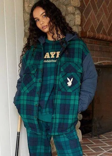 NWT By PacSun Plaid Oversized Drawstring Hoodie Green & Blue Jacket