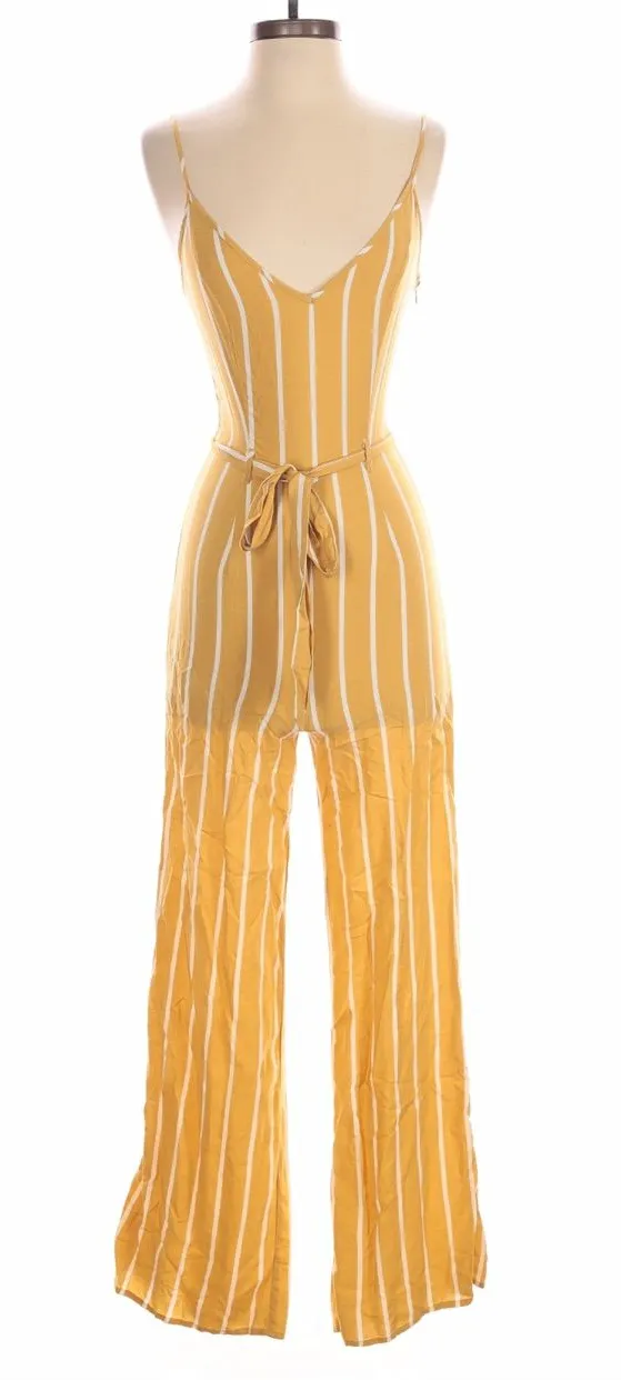 Forever 21 Mustard Yellow & White Striped Spaghetti Strap Jumpsuit