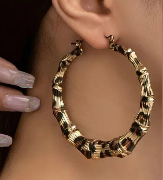 Fashionable Bamboo Joint Design Hoop Earrings, Fashion Leopard Jewelry
