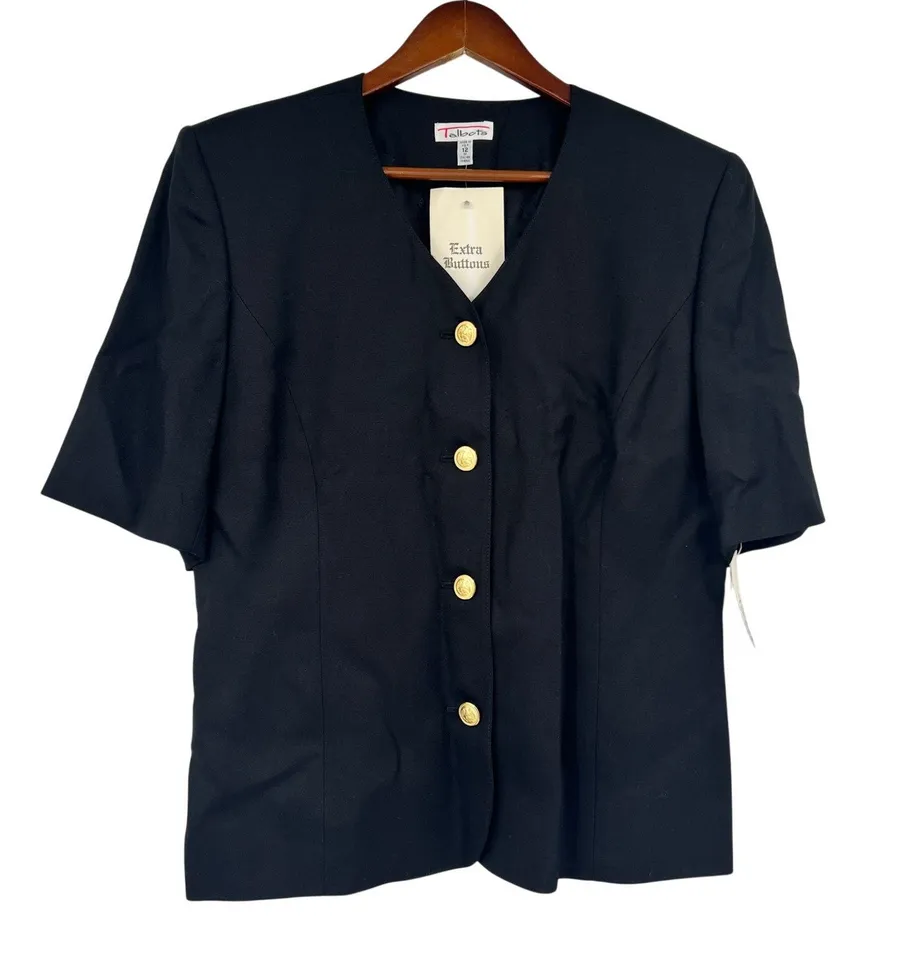NEW Vintage Talbots black short sleeve gold-toned ornate blazer linen size 12