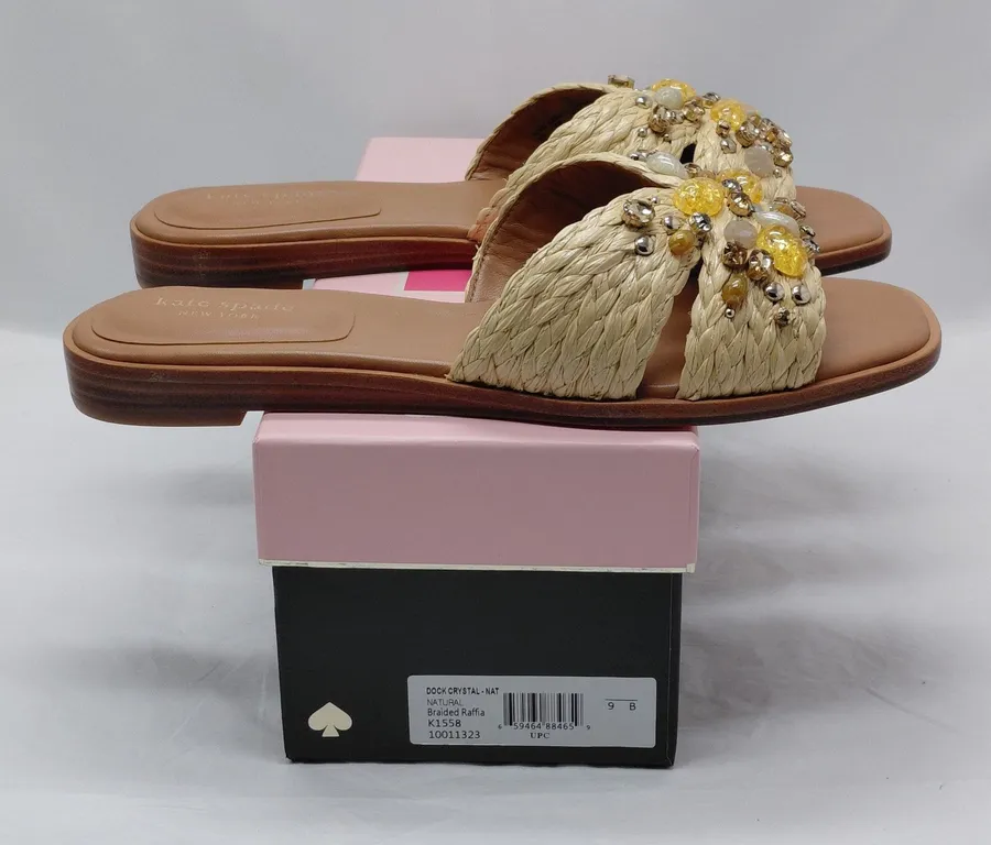 Kate Spade Womens Slide Sandals 9 Natural Raffia Crystal Beaded Boho Resort Shoe