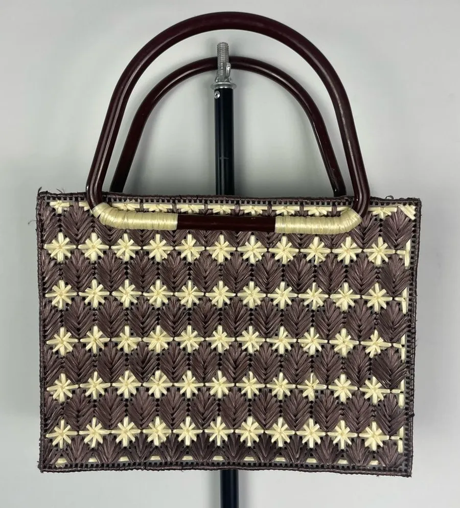 Rectangle Brown Star Flower Woven Box Tiki Beach Straw Structured Handbag