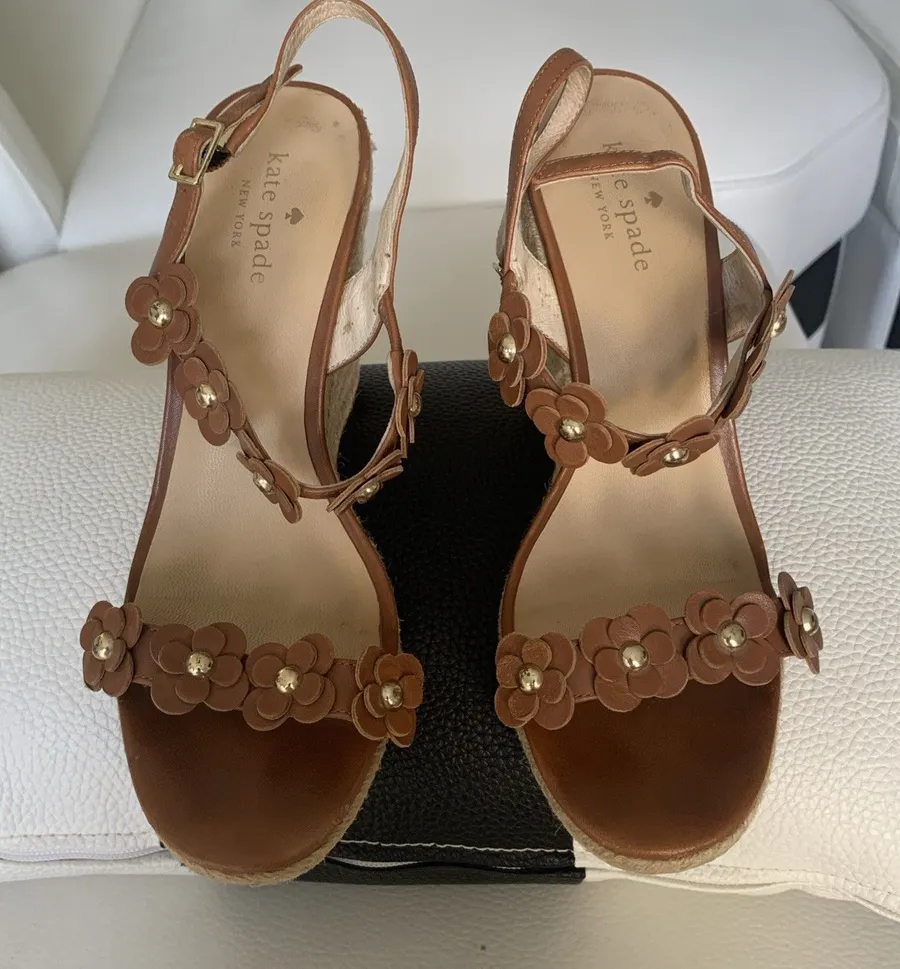 Kate Spade Tan Floral Espadrille Wedge Sandals Women’s Size 9 VGUC