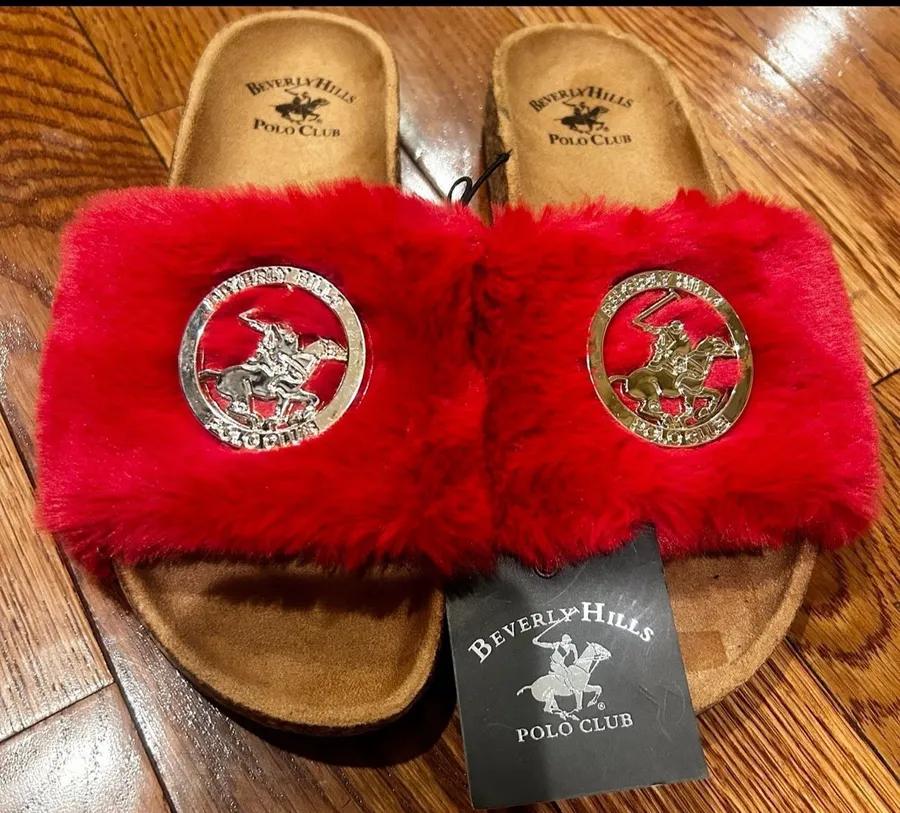Beverly Hills Polo Club Womens Slides Sandals RED FUZZY Fur Size 7