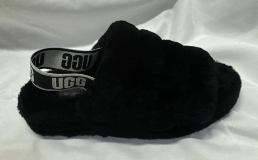 UGG Fluff Yeah Slide Womens 8 Sheepskin Slip On Slide Slippers Black Cozy