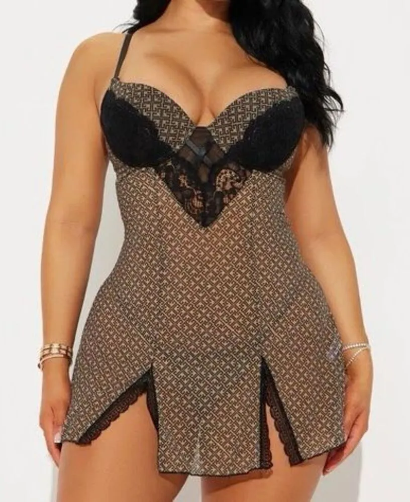Curve Necessities Mesh Mini Dress Size L Brown Monogram Print Sheer Bodycon Buil Size L