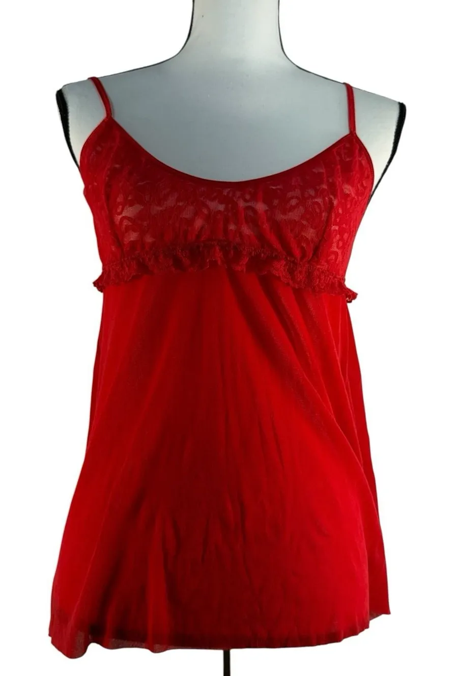 Y2K Victorias Secret XL Sheer Lace Babydoll Top Red Festival Stretch Romantic