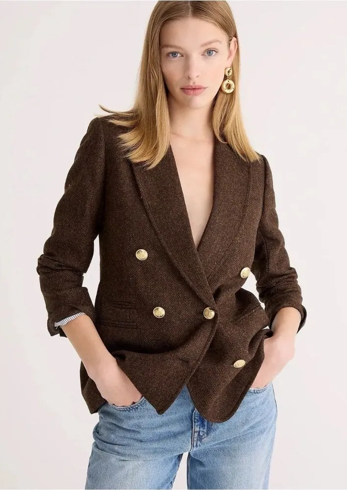 J Crew Bristol Hazelnut Herringbone Moon English Wool Double Breasted Blazer 18