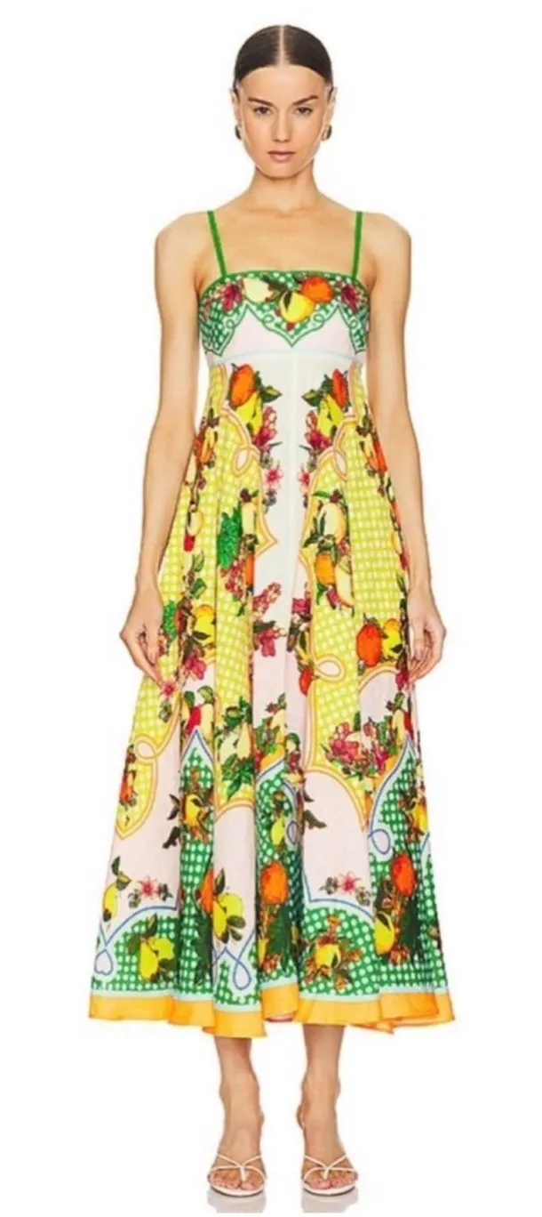 ALÉMAIS Lemonis Printed Linen Midi Dress AU8/US4 Yellow Size 4