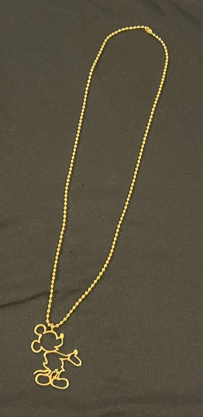 Vintage Disney Gold Tone Mickey Mouse Wire Outline Pendant Ball Chain Necklace