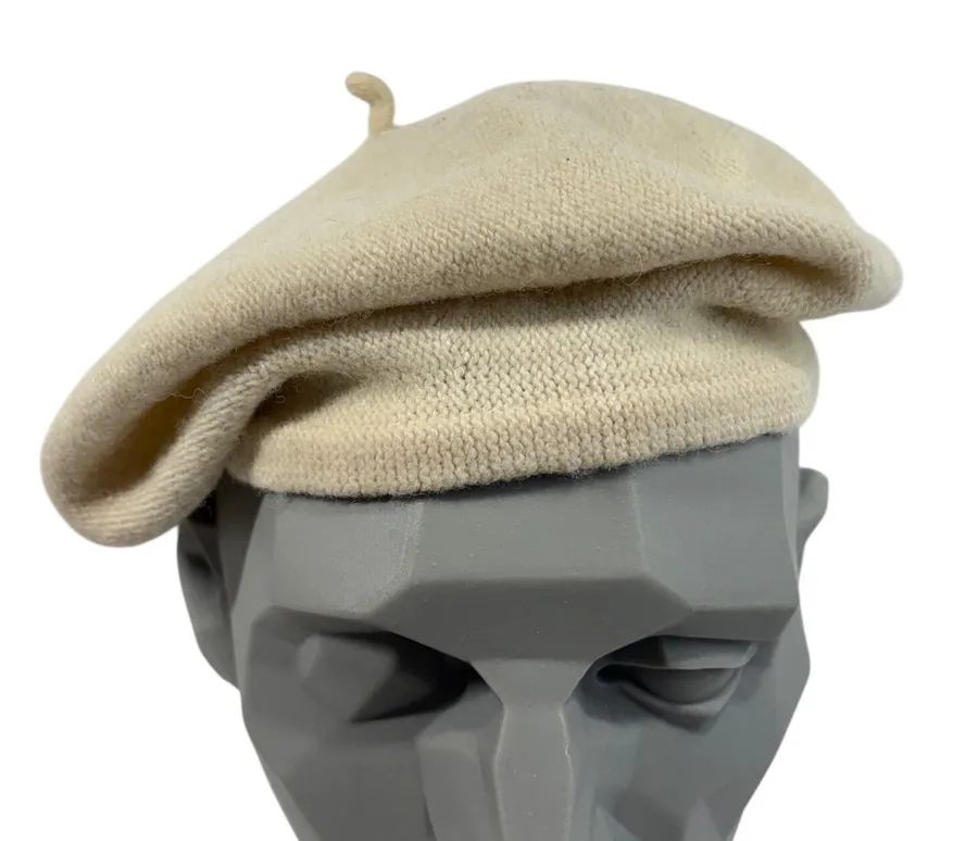 Vintage Cream Knit Wool Feel Beret Hat Off White Parisian Style Accessory