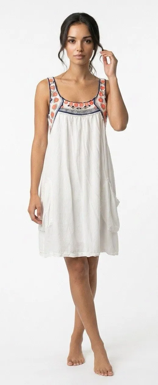 Forcynthia Beachwear White Embroidered Boho Cover Up Dress Rayon Medium