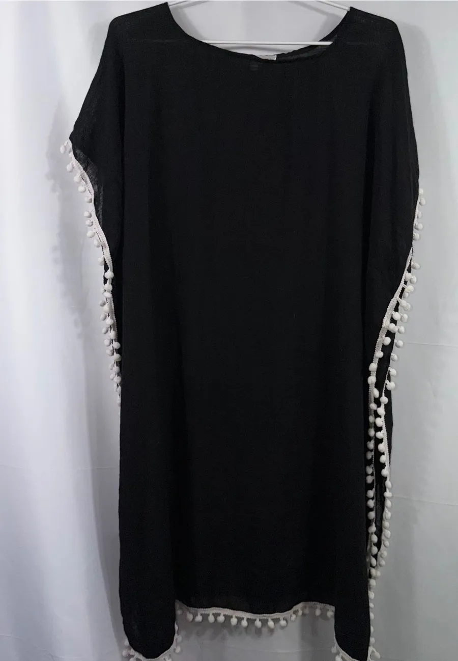 Royal Standard Black Pom Pom Trim Swim Cover Up OS Size undefined