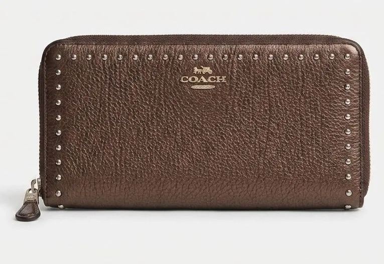 Coach Metallic Studded Pebbled Leather Accordion Zip Around Continental Wallet