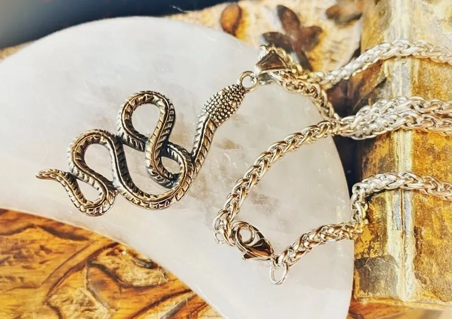 Snake Stainless Steel Wheat Chain Necklace, Unisex Snake Jewelry Silver