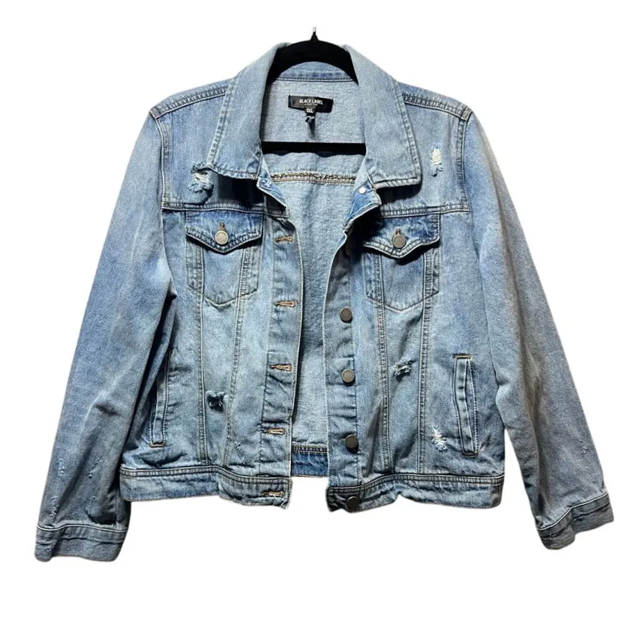 Black Label Distressed Denim Jacket Light Blue Wash Casual Streetwear 1XL