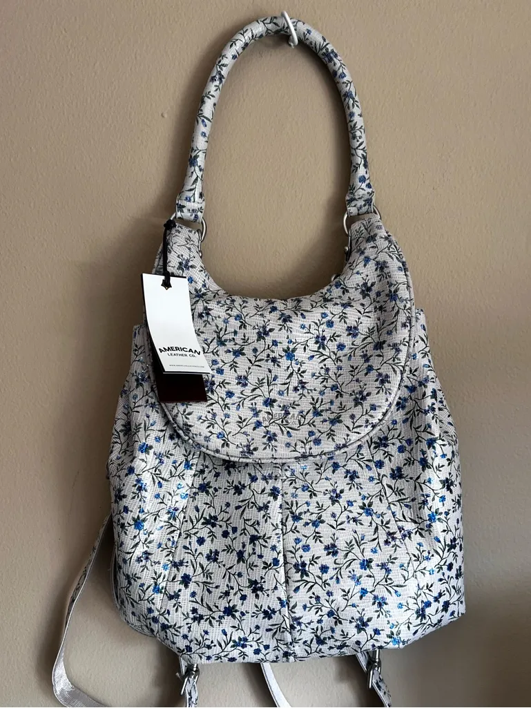 American Living Leather Floral White & Blue Shoulder Bag