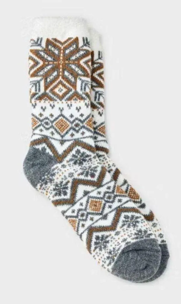 NWT Auden Snowflake Geo Double Lined Cozy Crew Sock In Ivory/Toffee/Heather Gray Multiple