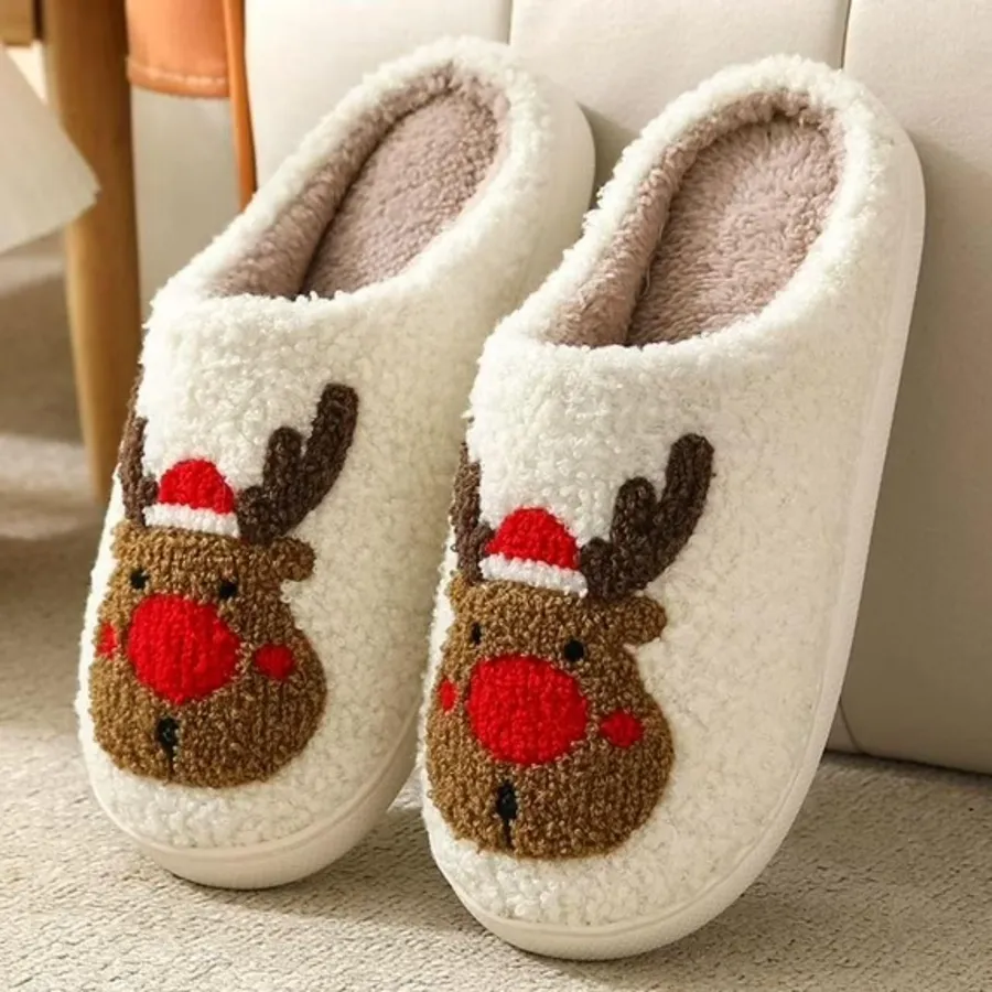 Plush Warm Red Nose Reindeer Christmas Holiday Slippers US 6