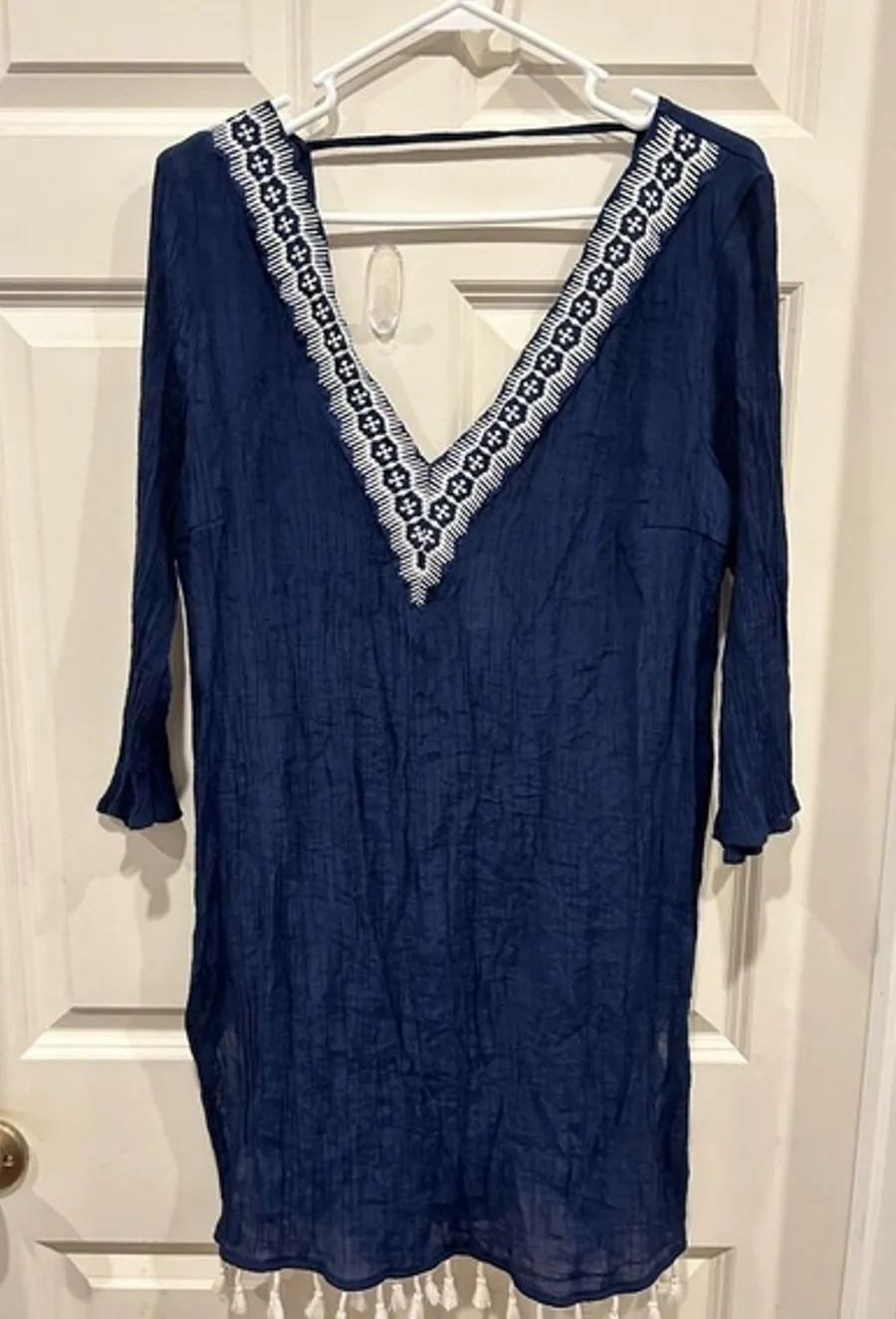 Kona Sol Navy Blue Embroidered V-Neck Tassel Swim Cover Up Dress Large Resort