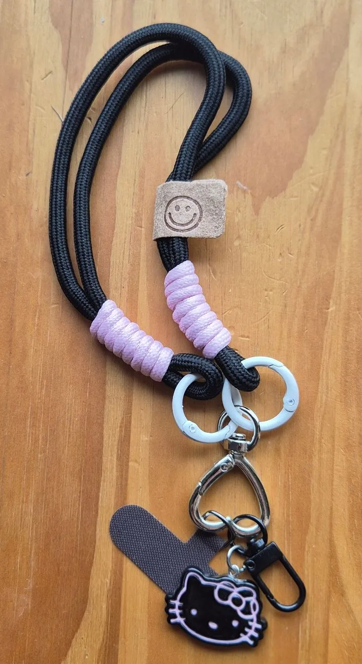 Phone Charm Lanyard Keychain with Hello Kitty Charm Black