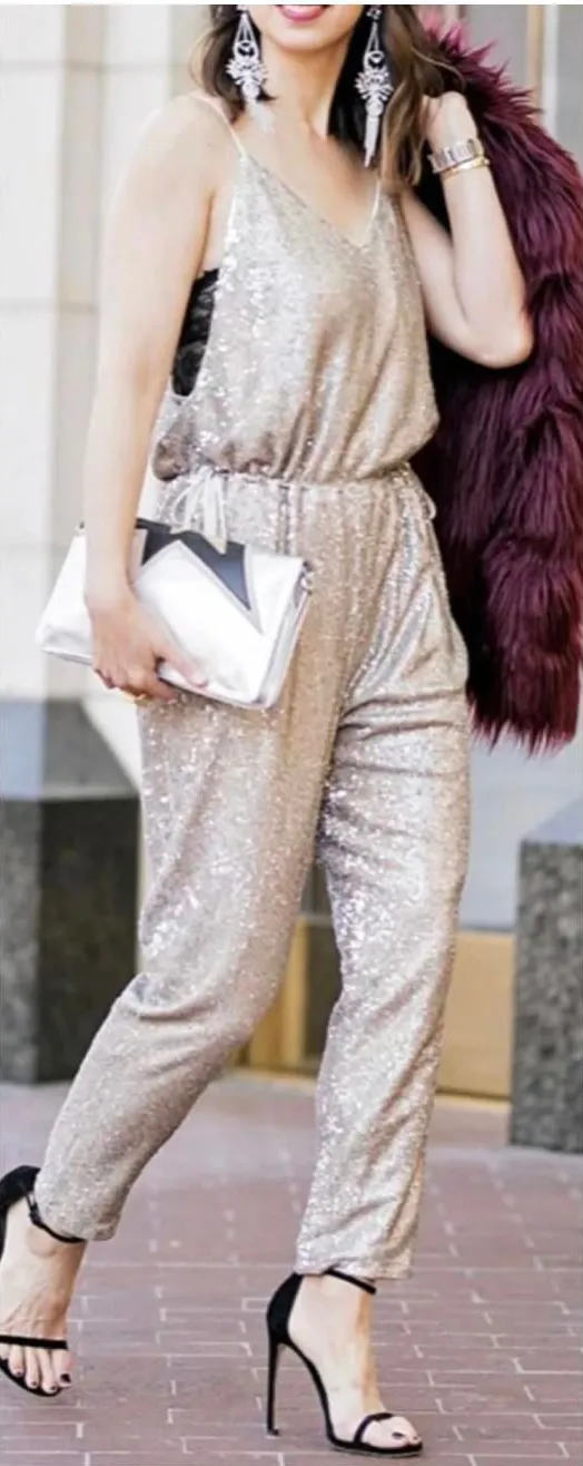 Free People Champagne Silver Womans Small Sequin Pant Jumpsuit RN 66170 WideLeg